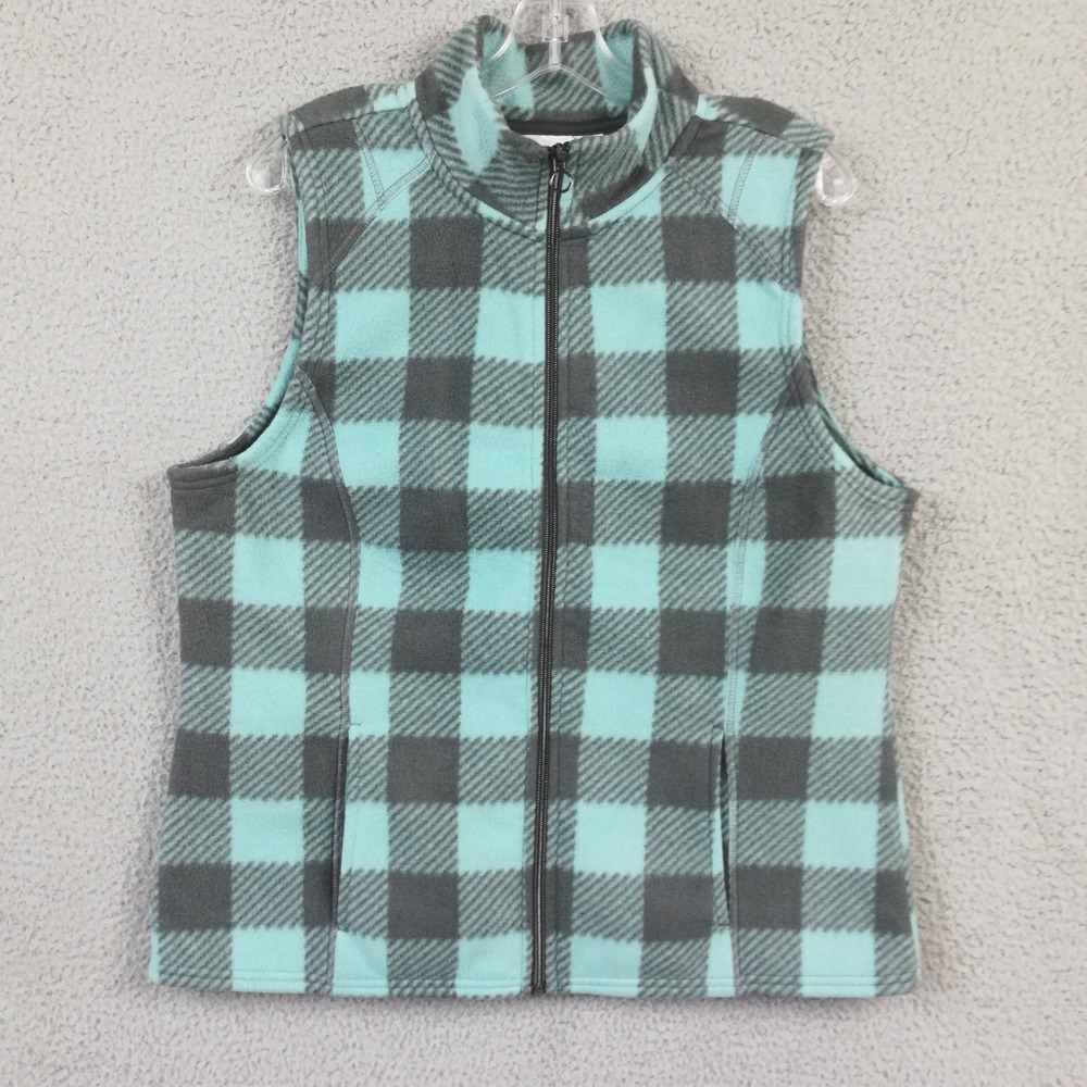 Christopher & Banks Womens Vest Fleece Aqua Blue Gray Plaid Full Zip L